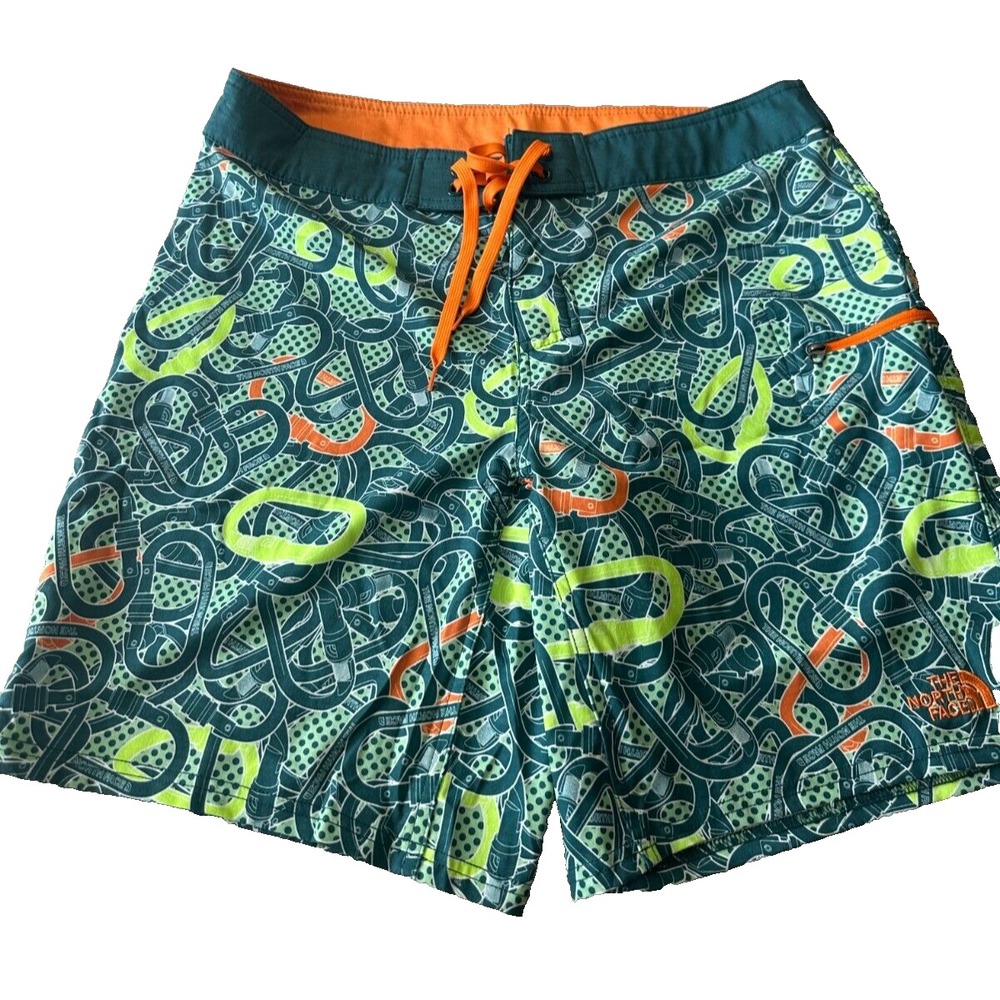 The North Face‎ Swim Board Shorts Carabiner Climbing Print Green Mens 32x9